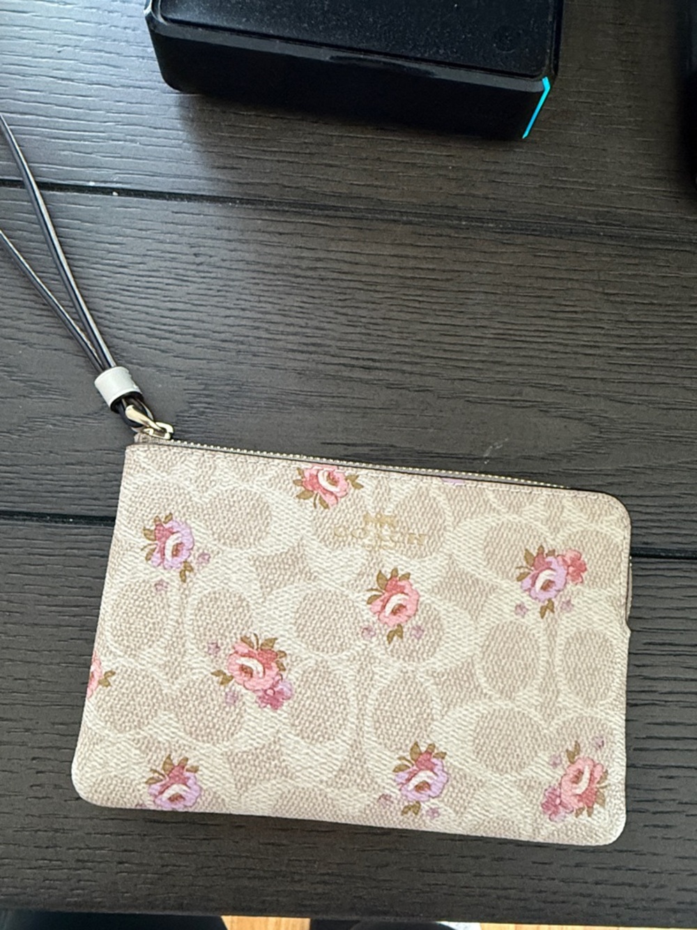 Coach Cream Floral Signature Zip Wristlet with Pink Roses